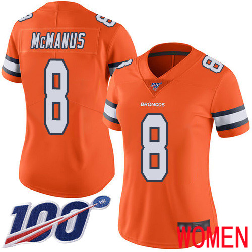 Women Denver Broncos 8 Brandon McManus Limited Orange Rush Vapor Untouchable 100th Season Football NFL Jersey